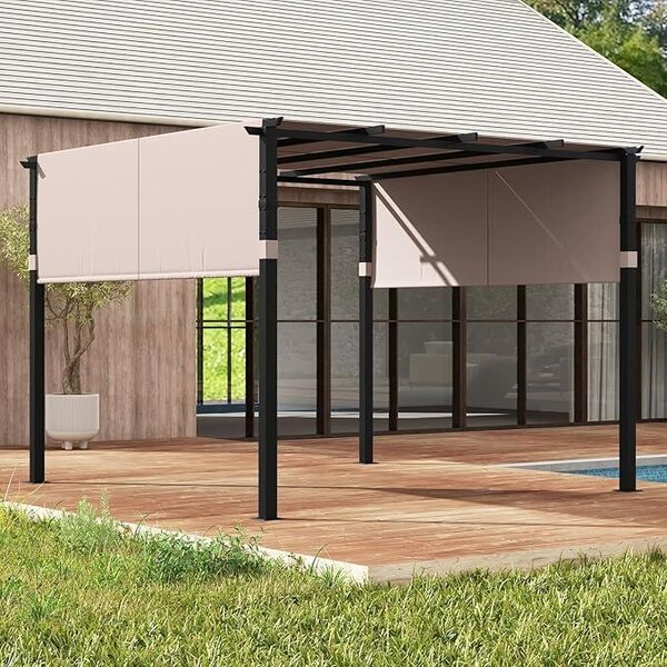 Pergola 305 x 305 cm s plochou střechou, sluneční altán s nastavitelnou a stahovací střechou, přístřešek na terasu s kovovým rámem, béžová barva