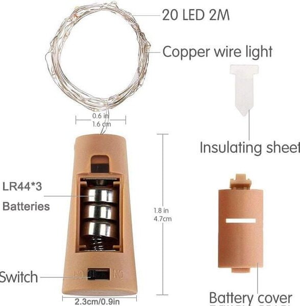 Zátka s LED světýlky do láhve, 2m, teplá bílá
