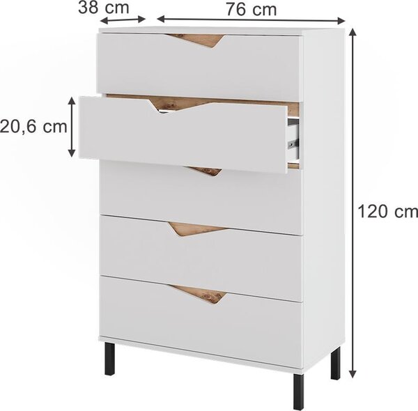 Kredenc Vicco Marelle Bílá/Artisan 76 x 120 cm s 5 zásuvkami, Model 57845