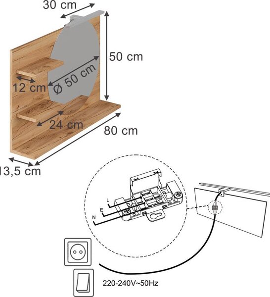 Zrcadlová police Vicco Avena Dub 80 x 50 cm se 3 otevřenými přihrádkami, Model 58560