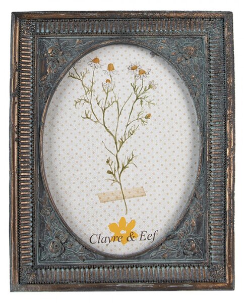 Tyrkysovo-hnědý antik fotorámeček zdobený květinami – 13x18 cm
