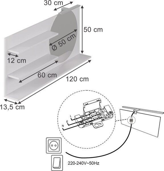 Zrcadlová police Vicco Avena Bílá 120 x 50 cm se 3 otevřenými přihrádkami, Model 58561