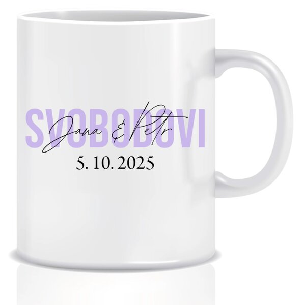 Personalizovaný klasický bílý keramický hrníček 300 ml se jmény novomanželů