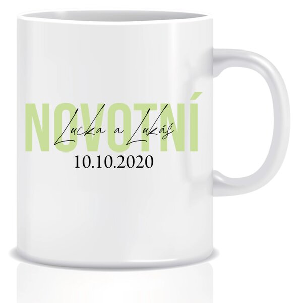 Personalizovaný klasický bílý keramický hrníček 300 ml se jmény novomanželů