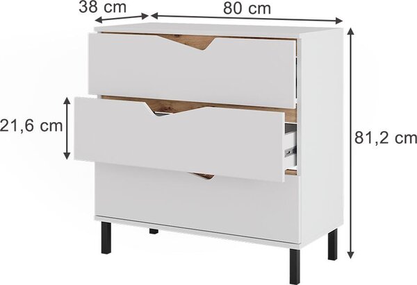 Kredenc Vicco Marelle Bílá/Artisan 80 x 81.2 cm se 3 zásuvkami, Model 57841