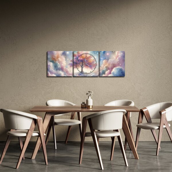 Obraz - Strom života v oblacích (s hodinami) (90x30 cm)