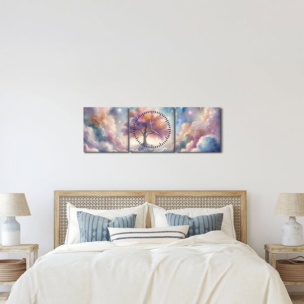 Obraz - Strom života v oblacích (s hodinami) (90x30 cm)
