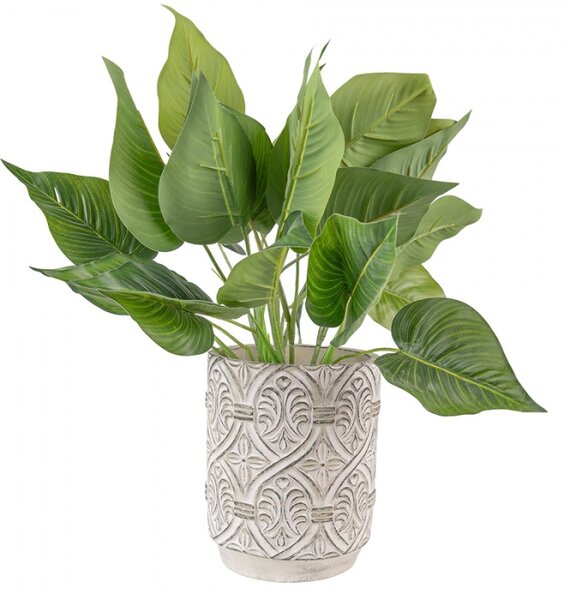Šedý antik cementový obal na květináč s ornamentem – 14x18 cm
