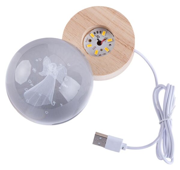 Skleněná LED koule na dřevěném podstavci ANDĚL