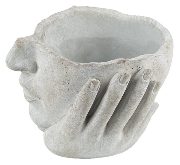 Šedý cementový květináč hlava ženy v dlaních S – 17x17x11 cm