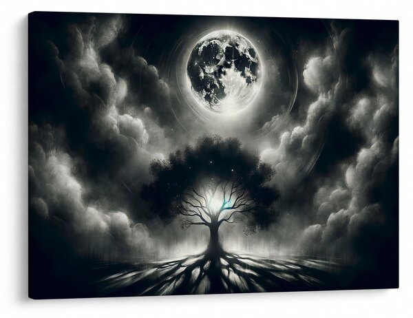 Obraz - Černobílý strom v úplňku (70x50 cm)