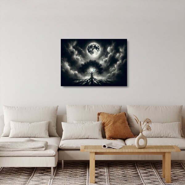 Skleněný obraz - Černobílý strom v úplňku (70x50 cm)