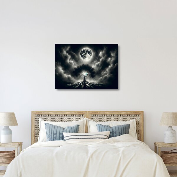 Skleněný obraz - Černobílý strom v úplňku (70x50 cm)