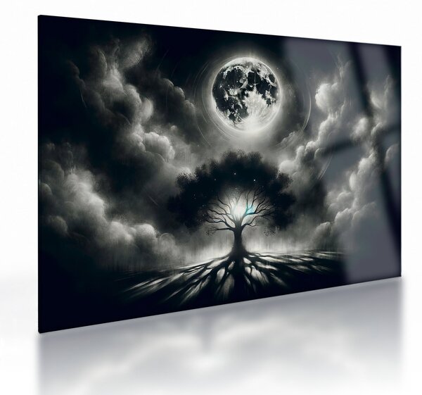 Skleněný obraz - Černobílý strom v úplňku (70x50 cm)