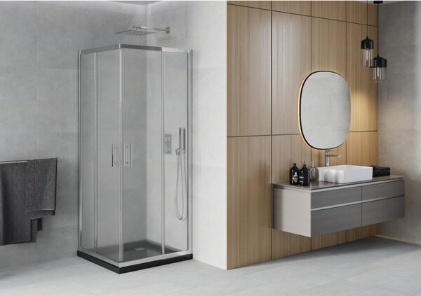 Mexen Rio, čtvercový sprchový kout s posuvnými dveřmi 70 (dveře) x 70 (dveře) x 190 cm, 5mm sklo námraza, chromový profil + černá sprchová vanička SLIM, 860-070-070-01-30-4070