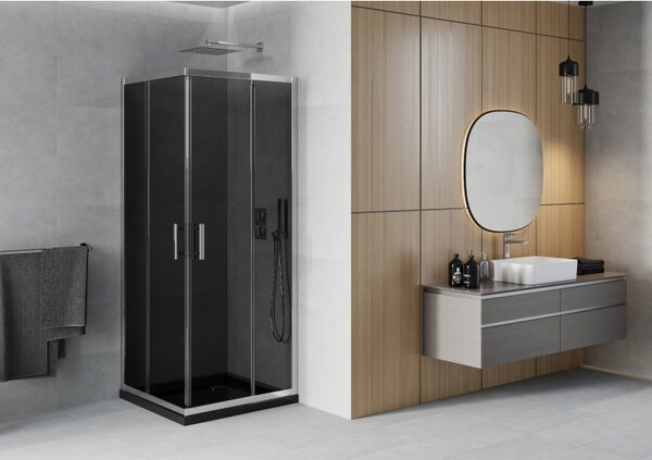 Mexen Rio, čtvercový sprchový kout s posuvnými dveřmi 70 (dveře) x 70 (dveře) x 190 cm, 5mm šedé sklo, chromový profil + černá sprchová vanička SLIM, 860-070-070-01-40-4070