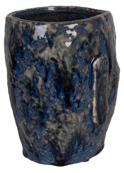 Modrý keramický obal na květináč/ váza s obličejem Blue Dotty M – 13x15x17 cm