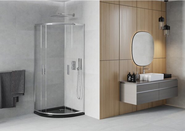Mexen Rio, čtvrtkruhový sprchový kout 80 x 80 cm, 6mm čiré sklo, chromový profil + černá sprchová vanička, 863-080-080-01-00-4170