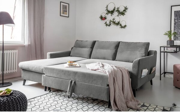 Světle šedá sametová rozkládací rohová pohovka Miuform Stylish Stan, levý roh