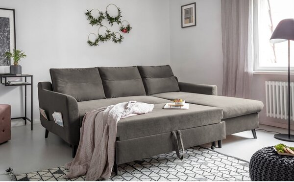 Tmavě šedá sametová rozkládací rohová pohovka Miuform Stylish Stan, pravý roh