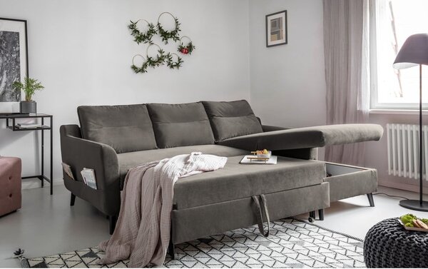 Tmavě šedá sametová rozkládací rohová pohovka Miuform Stylish Stan, pravý roh