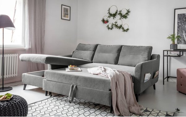 Světle šedá sametová rozkládací rohová pohovka Miuform Stylish Stan, levý roh