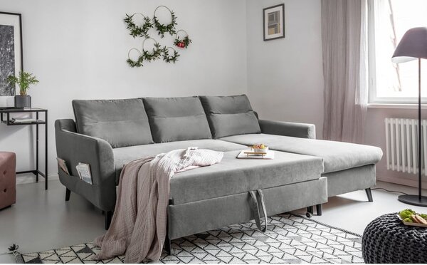Světle šedá sametová rozkládací rohová pohovka Miuform Stylish Stan, pravý roh