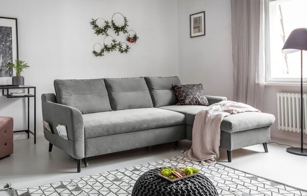 Světle šedá sametová rozkládací rohová pohovka Miuform Stylish Stan, pravý roh