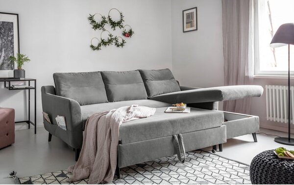 Světle šedá sametová rozkládací rohová pohovka Miuform Stylish Stan, pravý roh