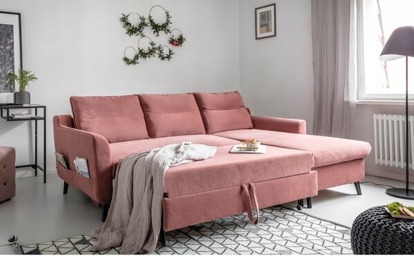 Růžová sametová rozkládací rohová pohovka Miuform Stylish Stan, pravý roh