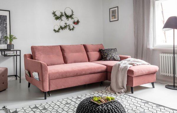 Růžová sametová rozkládací rohová pohovka Miuform Stylish Stan, pravý roh