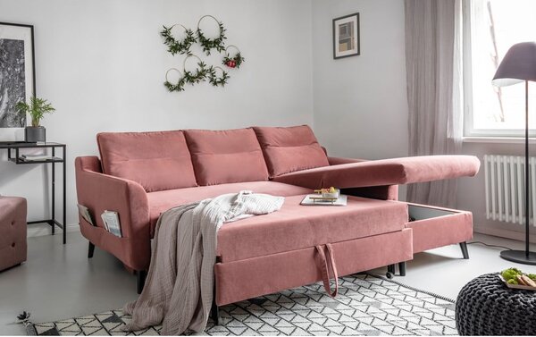 Růžová sametová rozkládací rohová pohovka Miuform Stylish Stan, pravý roh