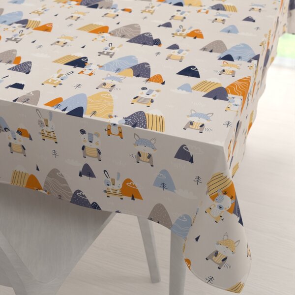 Biante Dětský bavlněný obdélníkový ubrus Sandra SA-613 Modro-oranžová lesní zvířátka na bledě šedém 50x100 cm