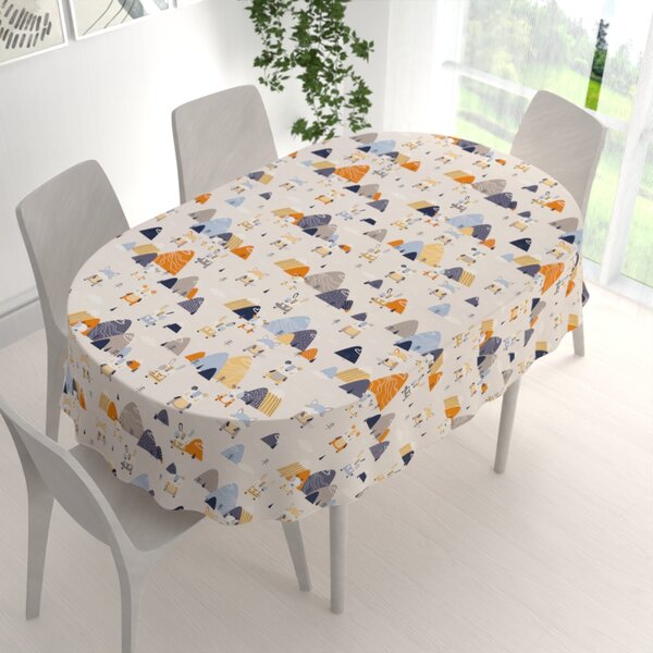 Biante Dětský bavlněný oválný ubrus Sandra SA-613 Modro-oranžová lesní zvířátka na bledě šedém 50x100 cm