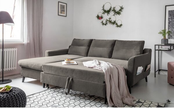 Tmavě šedá sametová rozkládací rohová pohovka Miuform Stylish Stan, levý roh