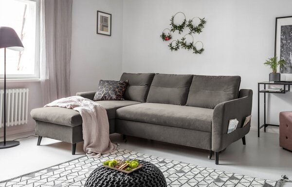 Tmavě šedá sametová rozkládací rohová pohovka Miuform Stylish Stan, levý roh