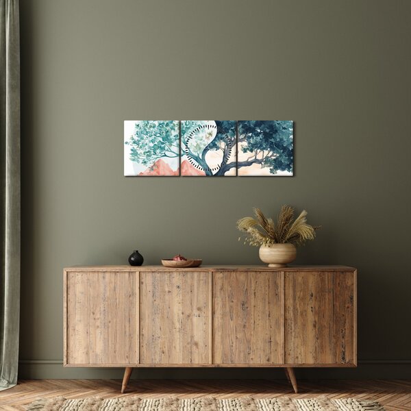 Obraz - Akvarelový strom plný života (s hodinami) (90x30 cm)