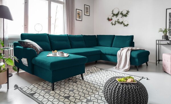 Tyrkysová sametová rozkládací pohovka do "U" Miuform Stylish Stan, pravý roh