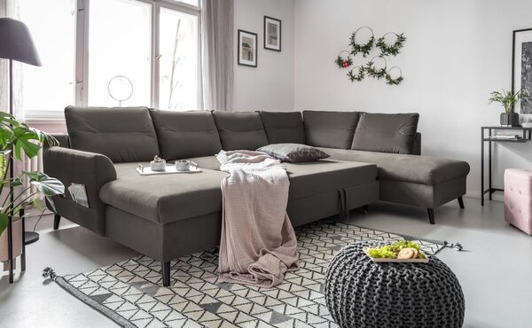 Tmavě šedá sametová rozkládací pohovka do "U" Miuform Stylish Stan, pravý roh