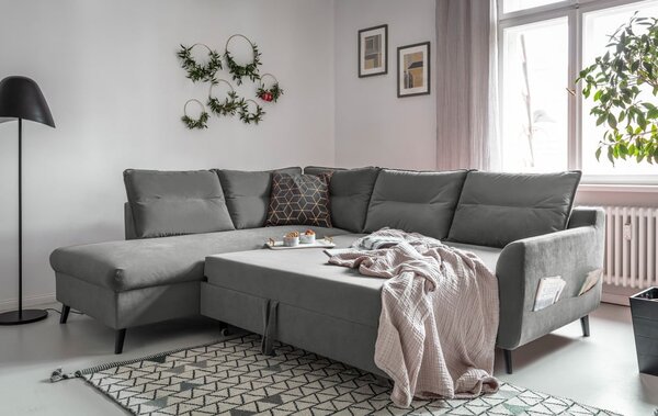 Světle šedá sametová rozkládací rohová pohovka Miuform Stylish Stan L, levý roh