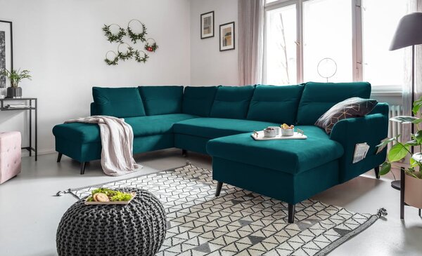 Tyrkysová sametová rozkládací pohovka do "U" Miuform Stylish Stan, levý roh