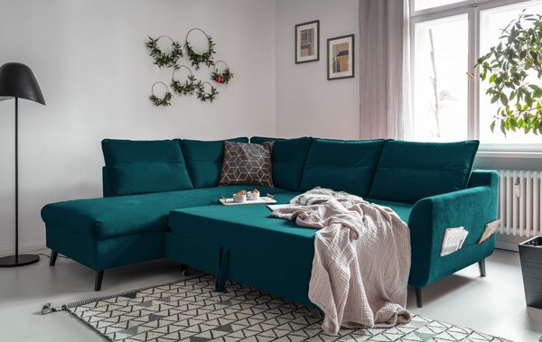 Tyrkysová sametová rozkládací rohová pohovka Miuform Stylish Stan L, levý roh