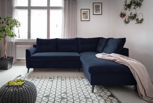 Tmavě modrá sametová rozkládací rohová pohovka Miuform Stylish Stan L, pravý roh