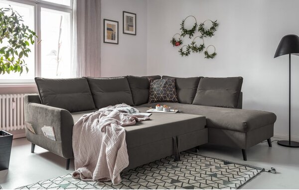 Tmavě šedá sametová rozkládací rohová pohovka Miuform Stylish Stan L, pravý roh
