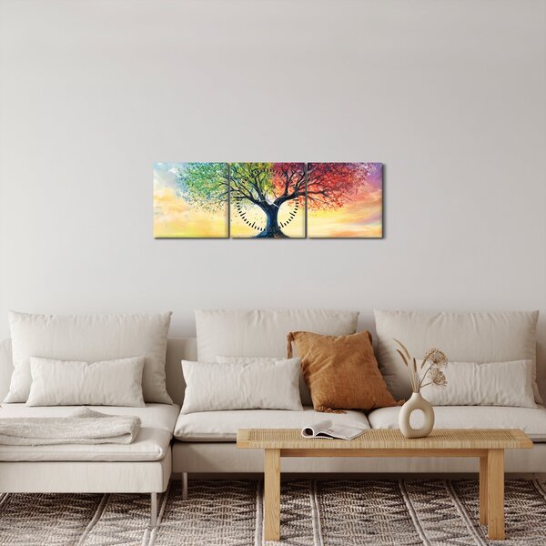 Obraz - Malovaný strom ročních období (s hodinami) (90x30 cm)