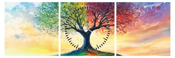 Obraz - Malovaný strom ročních období (s hodinami) (90x30 cm)