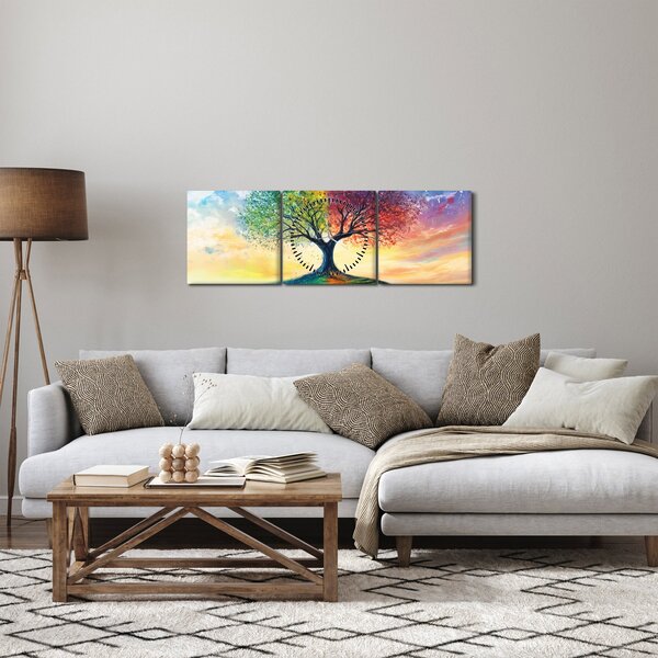 Obraz - Malovaný strom ročních období (s hodinami) (90x30 cm)