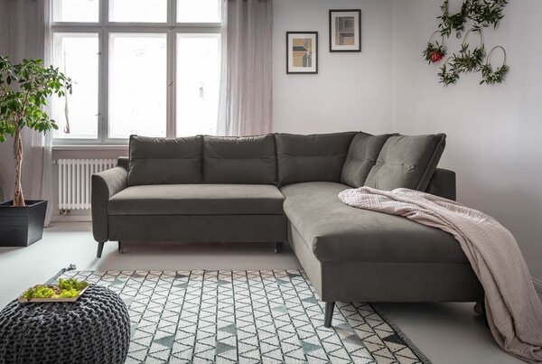 Tmavě šedá sametová rozkládací rohová pohovka Miuform Stylish Stan L, pravý roh
