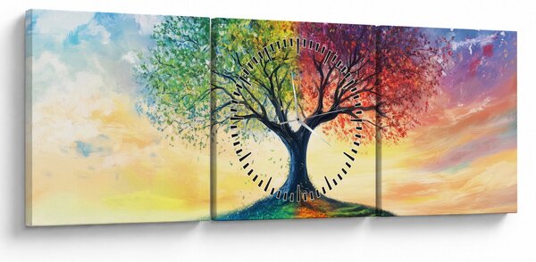 Obraz - Malovaný strom ročních období (s hodinami) (90x30 cm)