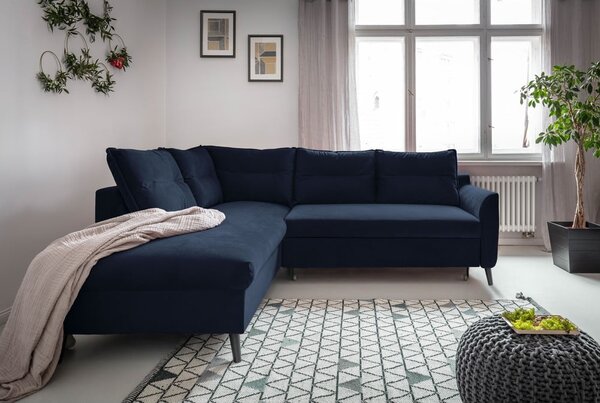 Tmavě modrá sametová rozkládací rohová pohovka Miuform Stylish Stan L, levý roh